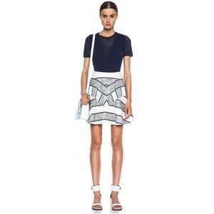 3.1 PHILLIP LIM Chevron FLOUNCE Flared SKIRT Cotton-Blend NAVY White PRINT